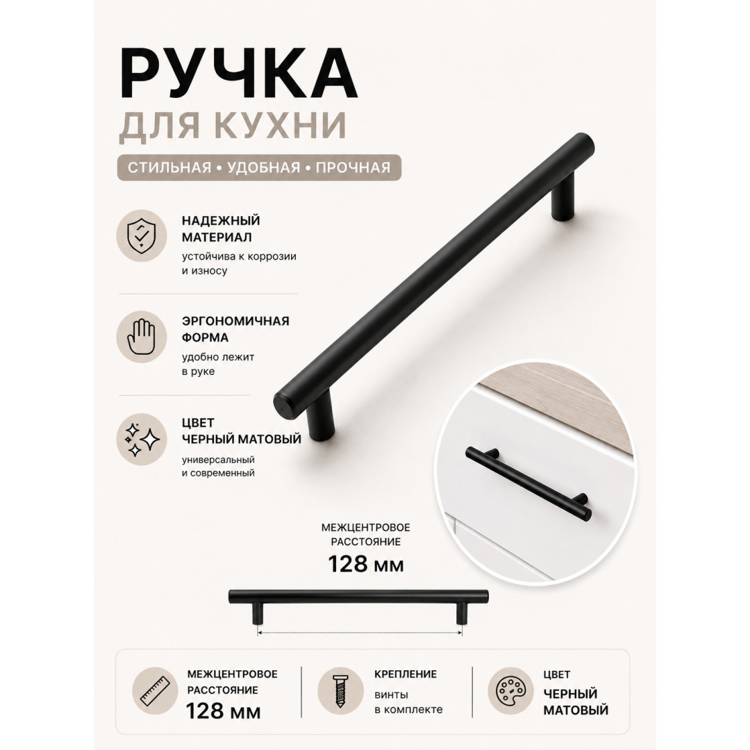 Ручка-рейлинг - 128 мм, Черный матовый