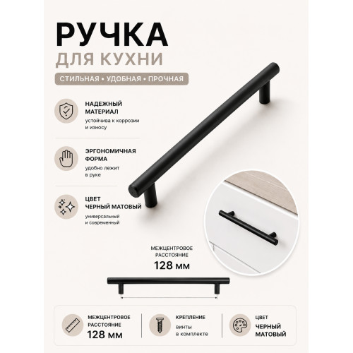 Ручка-рейлинг - 128 мм, Черный матовый
