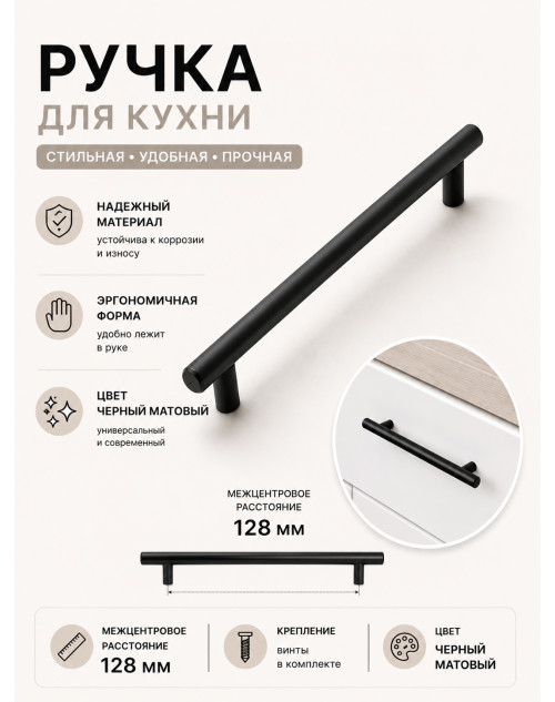 Ручка-рейлинг - 128 мм, Черный матовый