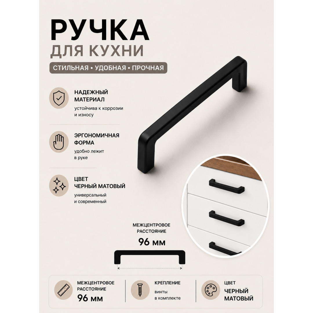 Ручка-скоба - 96мм, Черный матовый.