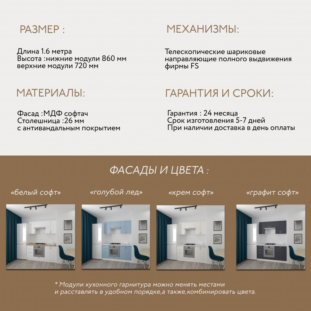 Кухня Афина - цвет фасада белый и голубой лед. Ширина 1,6 метра. Цвет корпуса белый.