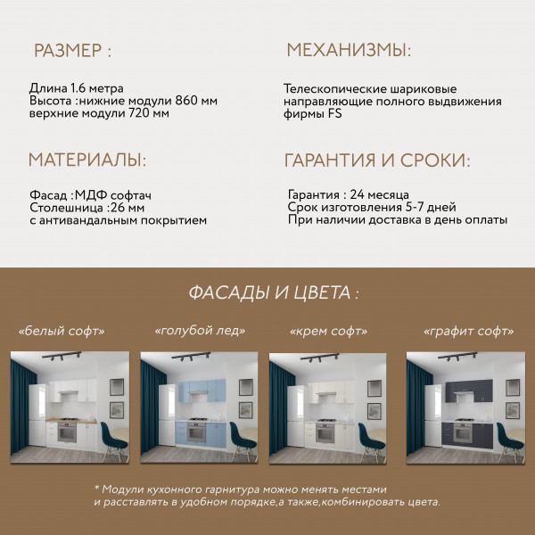 Кухня Афина - цвет фасада белый и голубой лед. Ширина 1,6 метра. Цвет корпуса белый.