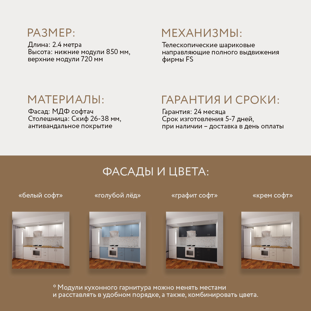 Кухня Эмма - цвет фасада голубой. Ширина 2,4 метра. Цвет корпуса белый.
