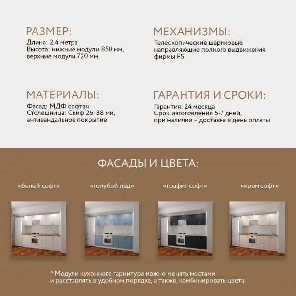 Кухня Эмма - цвет фасада голубой. Ширина 2,4 метра. Цвет корпуса белый.