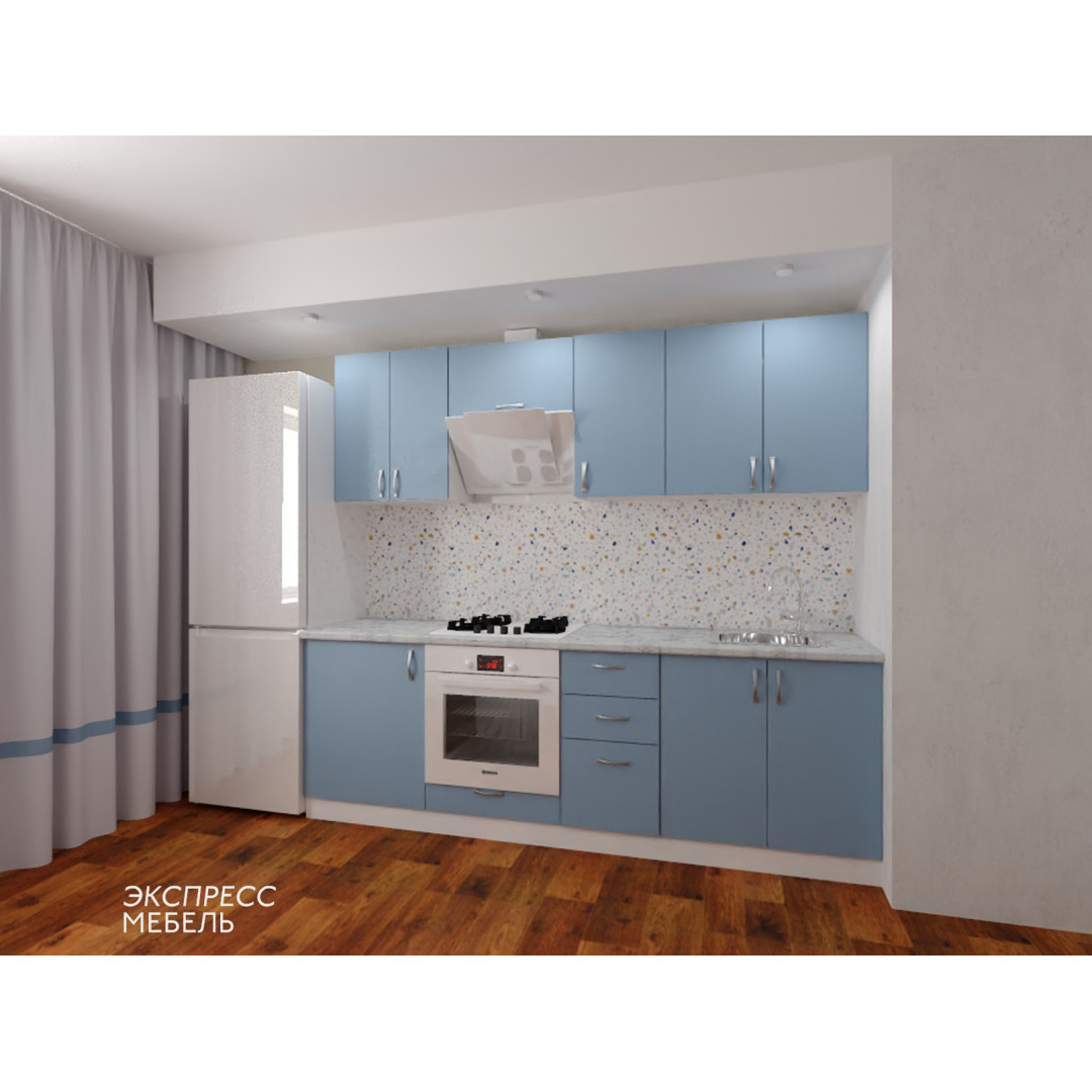 Кухня Эмма - цвет фасада голубой. Ширина 2,4 метра. Цвет корпуса белый.