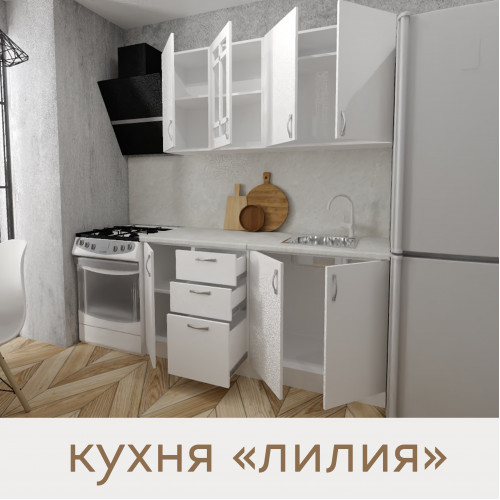 Кухня Лилия - цвет фасада белый. Ширина 1,6 метра. Цвет корпуса белый.