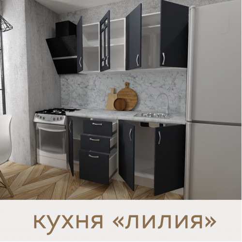 Кухня Лилия - цвет фасада графит. Ширина 1,6 метра. Цвет корпуса белый.