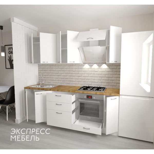 Кухня Виолетта - цвет фасада белый. Ширина 2,3 метра. Цвет корпуса белый.