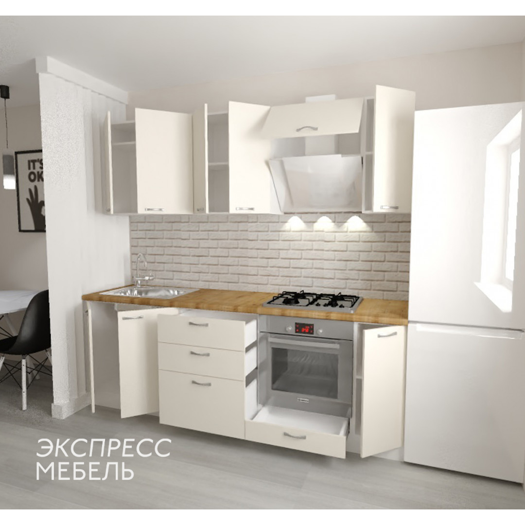 Кухня Виолетта - цвет фасада крем. Ширина 2,3 метра. Цвет корпуса белый.