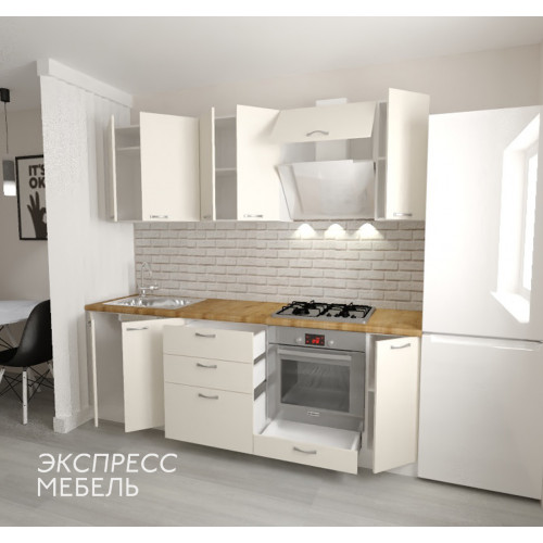 Кухня Виолетта - цвет фасада крем. Ширина 2,3 метра. Цвет корпуса белый.