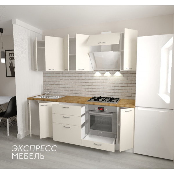 Кухня Виолетта - цвет фасада крем. Ширина 2,3 метра. Цвет корпуса белый.
