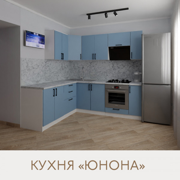Кухня Угловая Юнона-голубой цвет фасад .Размер  2,3х1,2.Цвет корпуса белый.